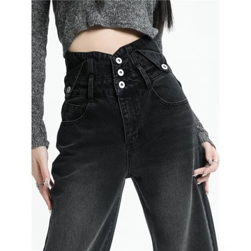 (免運)秋冬設計感黑色牛仔褲女2025年新款顯瘦闊腿小眾收腹超高腰褲春裝