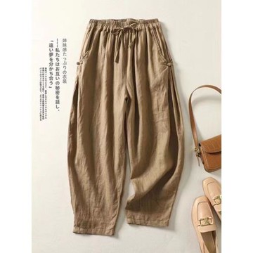 純棉九分褲寬松新款春夏薄款復古盤扣高腰系帶松緊腰休閑哈倫褲女