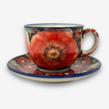波蘭手繪手工陶-咖啡杯盤組 200ml 赤霞花語系列