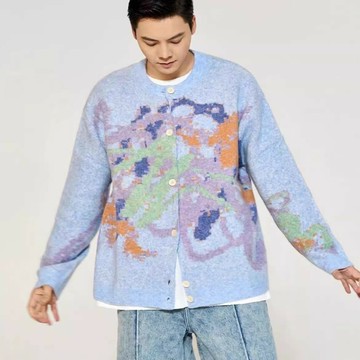 CANOTWIIT_陳偉霆秋季新款休閑情侶蠟筆風提花針織衫毛衣開衫外套鑫弘-衣錦男裝