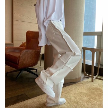 新款拼接毛邊設計感直筒牛仔褲男拖地寬松ins潮流長褲子