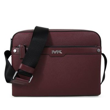 MICHAEL KORS Rivington 銀字MK防刮皮革織紋寬帶大斜背包(暗紅色)