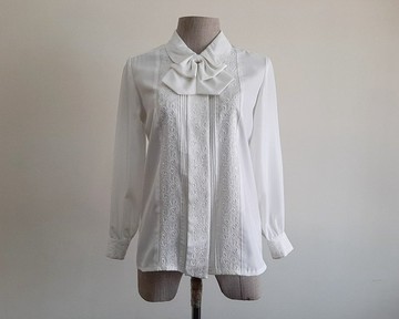 復古 80 年代 白色蝴蝶結襯衫 刺繡上衣 長袖 翻領 XS