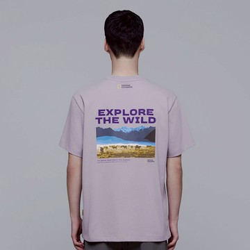 男女同款 EXPLORE 圖案 涼感 短袖上衣 - 藕色