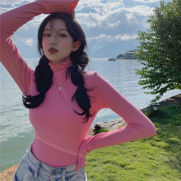 粉色木耳邊堆堆領打底衫女秋冬高領加厚內搭上衣糖果色長袖T恤秋