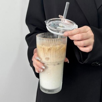大容量吸管杯帶蓋豎條紋咖啡杯飲料果汁杯高顏值女家用奶茶玻璃杯