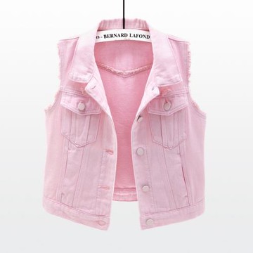 2025春夏新款牛仔馬甲女短款百搭修身顯瘦須邊坎肩粉色開衫上衣潮