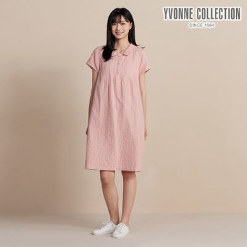 YVONNE 雙層紗半開襟短袖洋裝-薔薇粉