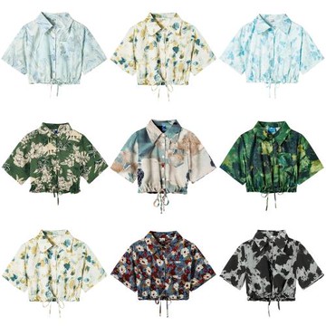 PAIXIANG/港風復古短袖抽繩花襯衫女夏季2025新款別致小眾短襯衣