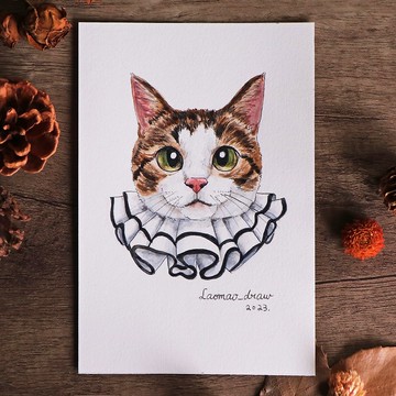 水彩插畫原畫稿 貓咪頭像 4X6 6吋 1007 白底虎斑貓與拉夫領