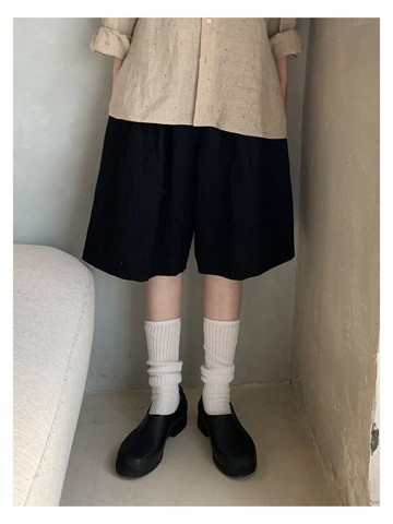 松緊腰休閒中褲厚亞麻水洗黑色短褲