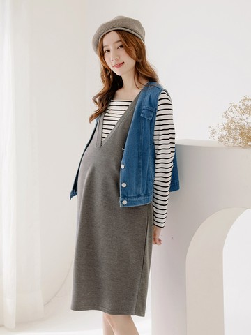 高棉素色V領拼接條紋假兩件哺乳上衣/洋裝