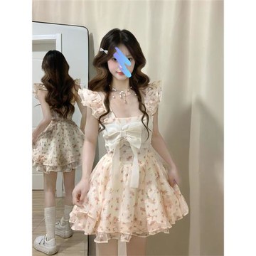 （下內里）小清新碎花紗裙甜美減齡小個子蓬蓬公主裙收腰顯瘦A字