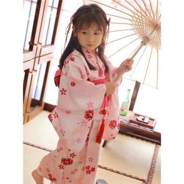包郵春夏防皺免熨兒童和服浴衣女正裝振袖配腰封頭飾女童和服櫻花