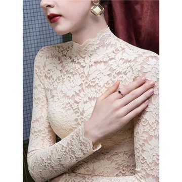半高領蕾絲打底衫女士春秋歐貨新款洋氣修身加絨加厚內搭大碼上衣