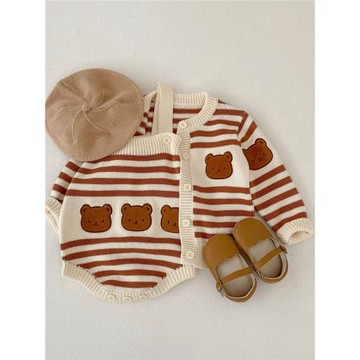 Ins韓版嬰兒衣服春秋裝男女寶寶超萌小熊針織毛衣外套背帶褲套裝