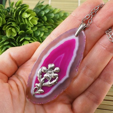 粉紅色紫紅色瑪瑙片片銀碎花吊墜項鍊首飾禮品