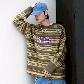 【AMERO】男裝 女裝 條紋圓領毛衣 電繡英文字 針織衫 情侶裝