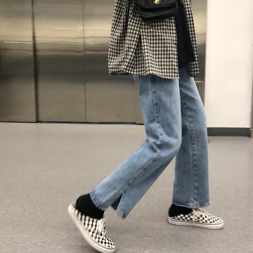 牛仔褲女秋季新款韓國高腰側開叉不規則寬松直筒褲百搭長褲子1入