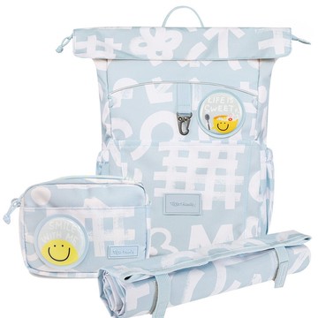 三件組 兒童創意休閒背包(大尺寸)-柔和藍 附斜背包 野餐墊