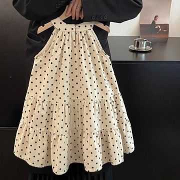 【臺灣出貨】夏季 連衣裙 韓系時尚夏季童裝新款女童洋氣圓領吊帶裙女寶寶圓點印花連衣裙子