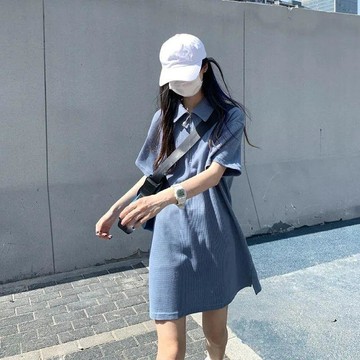 華夫格POLO領直筒洋氣連衣裙2026新款夏季純色簡約減齡短裙女時尚