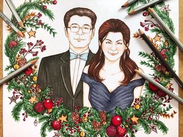 帶框架和數字文件的情侶肖像插圖