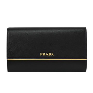 PRADA 1MH311 浮雕LOGO防刮款金邊寬版皮夾/晚宴包.黑