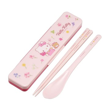 百科良品 日本製 Hello Kitty凱蒂貓 花朵 環保筷子+湯匙組 抗菌加工Ag+ 18CM(日本境內版)