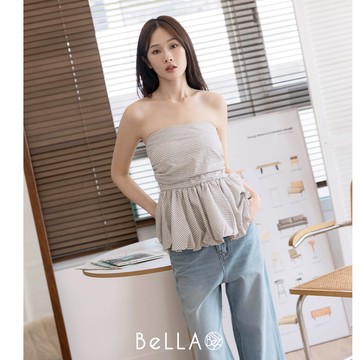 【夏季新品】BeLLA 細格微甜平口上衣 白色