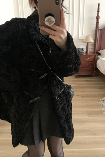 冬上新棉服番茄俠富人區同款翻領牛角扣環保羊羔毛皮毛一體外套女【雲木雜貨】