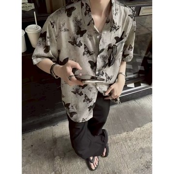 襯衫男 韓系 潮牌 水墨蝴蝶 印花襯衫 男短袖 夏季 海邊穿搭 防曬襯衣 冰絲薄款休閒外套