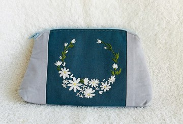花朵刺繡蓬鬆小包・復古藍