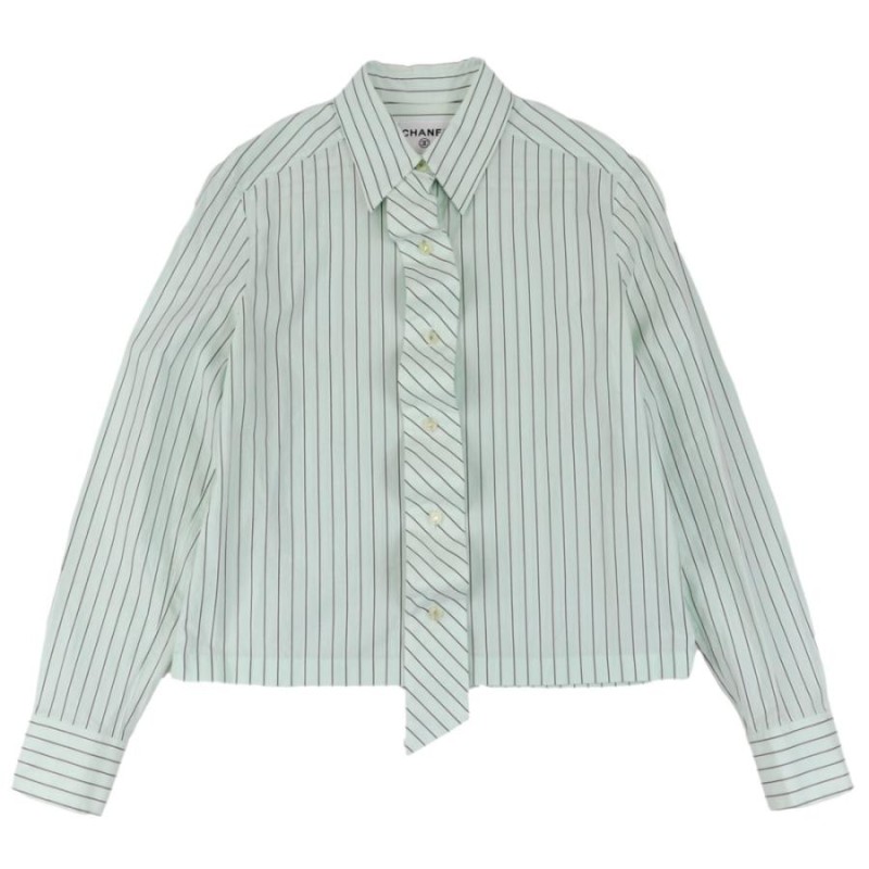 シャネル ストライプ柄 ブラウス レディース グリーン系 茶 長袖シャツ  