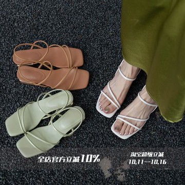 FairyWink 洛林小姐～！法式方頭露趾一字帶羅馬細帶低跟涼鞋女夏