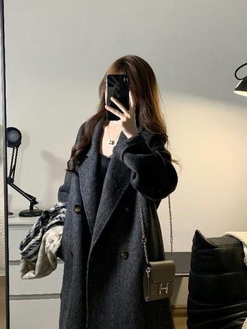 黑灰色雙面羊絨大衣女2024秋冬新款中長款羊毛呢子韓系高級感外套【淘夢屋】