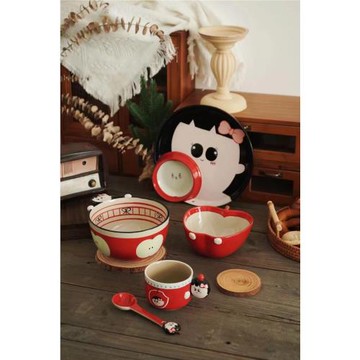 【蘋果女孩】可愛陶瓷碗家用創意網紅少女心手繪釉下彩沙拉碗日式