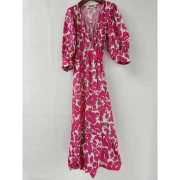 Roxanna 抽象印花棉混紡中長裹身連衣裙 夏季女士裙子V領七分袖DF