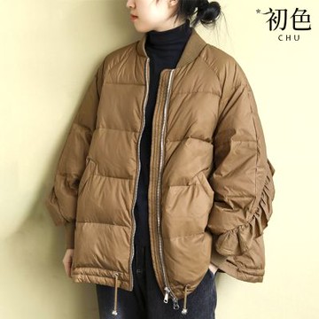 初色 純色簡約拼接立領拉鍊長袖抽繩保暖禦寒棉服寬鬆外套女外套-共2色-17065(F可選)