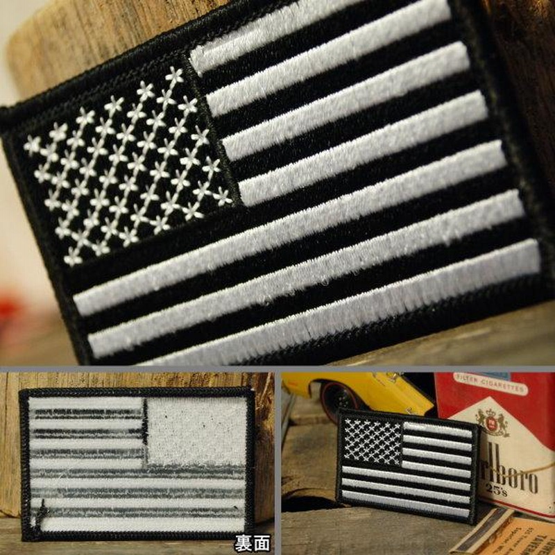 モノクロ 星条旗 刺繍 ワッペン ◇ アメリカ国旗 パッチ USA