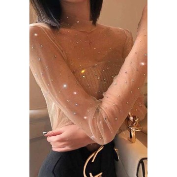 新款很仙的網紅透明蕾絲網紗上衣噴片洋氣透視內搭閃閃打底衫女士
