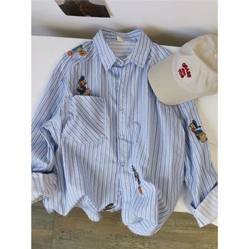 加大碼300斤條紋襯衫女刺繡長袖上衣胖MM春秋韓版寬松疊穿襯衣潮