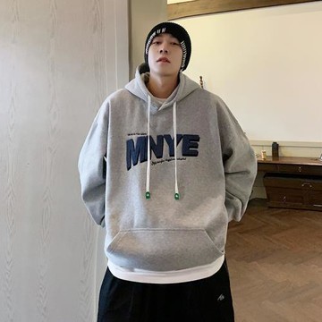 灰色連帽衛衣男春秋潮流寬松字母繡花男生外套美式高街套頭上衣服