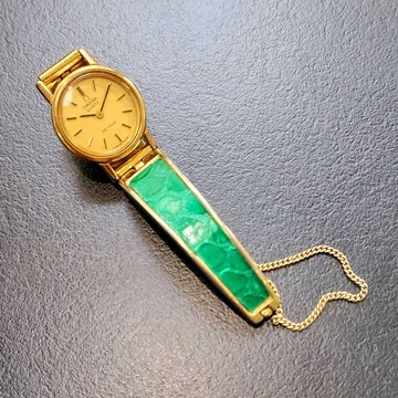 瑞士 歐米茄 Omega 金色圓型石英古董女錶 鱷魚壓紋皮革金屬錶帶