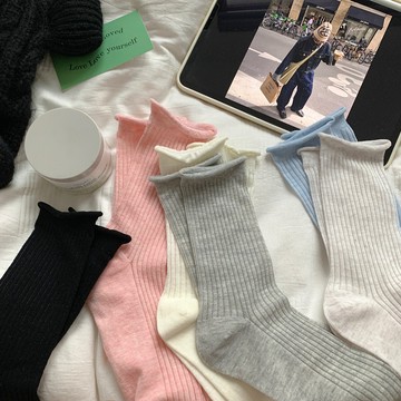 新品 卷邊襪子女 中筒襪 ins潮 春夏季新款棉襪 日系 薄款網眼透氣 堆堆長襪