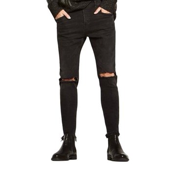 歐美高街Skinny Fit刀割破洞修身彈力牛仔褲男黑色百搭毛邊小腳褲