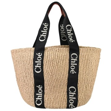 CHLOE Woody系列LOGO織帶草編托特包(黑邊)