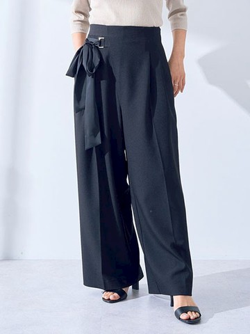 氣質側絲帶造型壓褶寬褲(07000248900) - YECCA VECCA