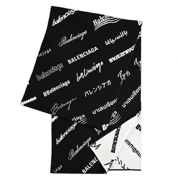 BALENCIAGA 巴黎世家 724701 標誌印花撞色混羊毛長圍巾.黑/白