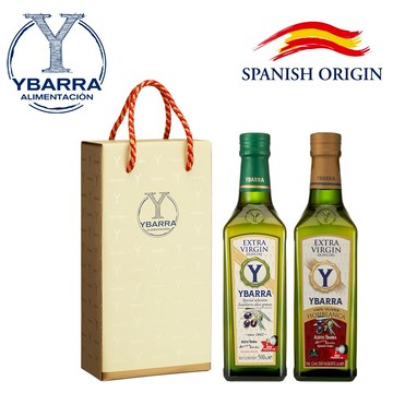 🎁新年送禮首選🎁【西班牙YBARRA 益百萊】100%特級冷壓初榨+特級初榨橄欖油 單一品種HOJIBLANCA 1+1禮盒組500mlx2 (玻璃瓶裝) 禮盒+提袋｜魔羯座生日快樂｜生日禮物｜